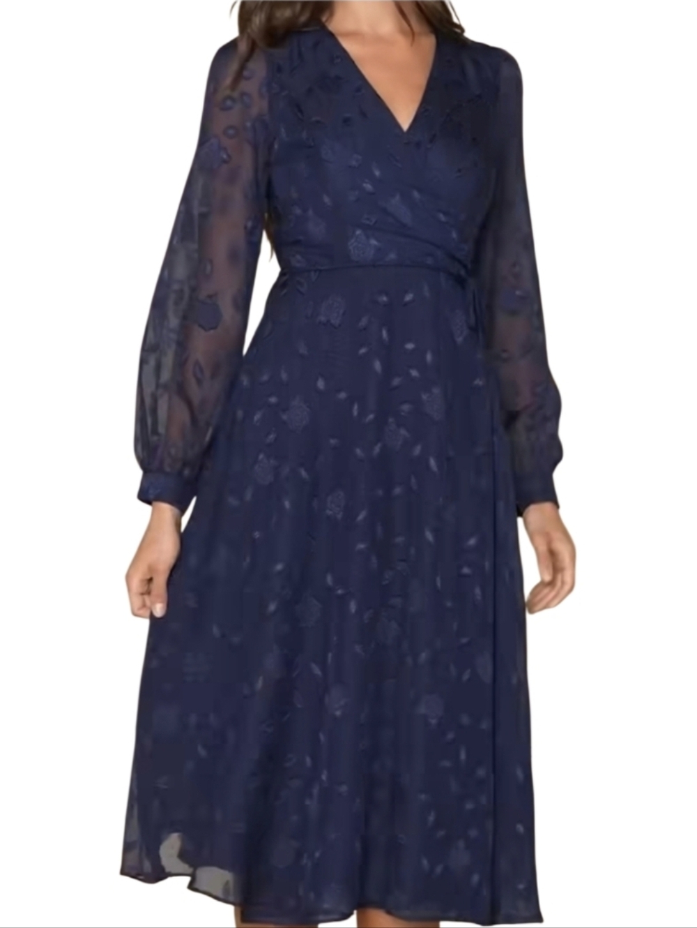 Lulu's Evening Of Elegance Deep Navy Floral Jacquard Wrap Midi Dress Size L